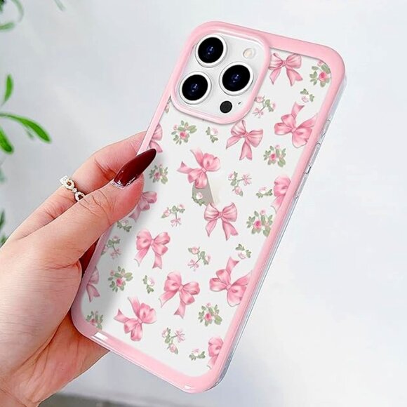 Iphone 16 15 14 Clear Pink Bow Phone Case  Cute Ribbon Phonecase - Picture 1 of 5